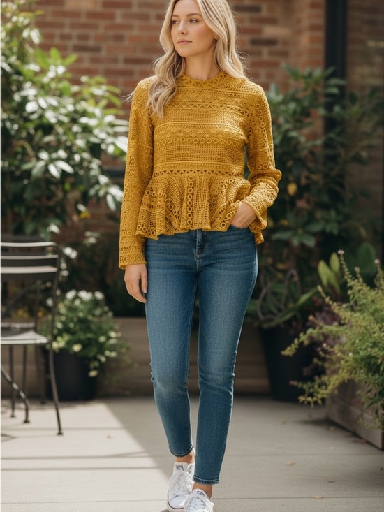 Endless Rose Tops - Endless Rose Mustard Lace Peplum Sweater